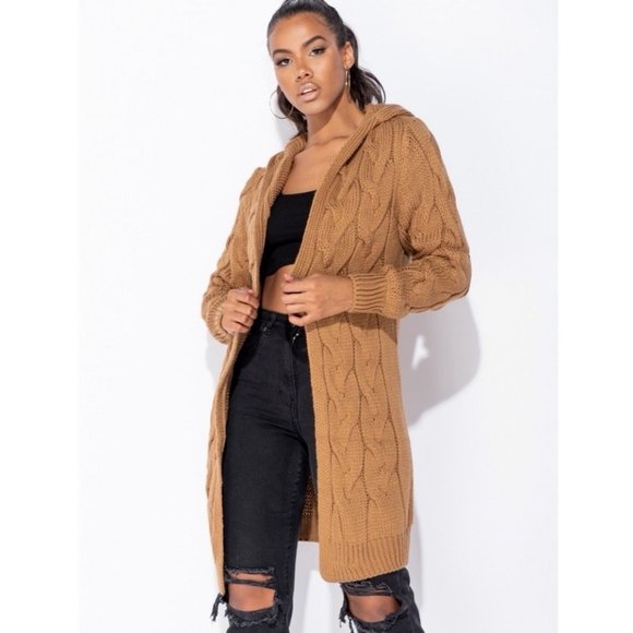 Brown Cable Knit Long Sleeve Open Front Hoodie Hooded Midi Cardigan Sweater - Picture 3 of 8